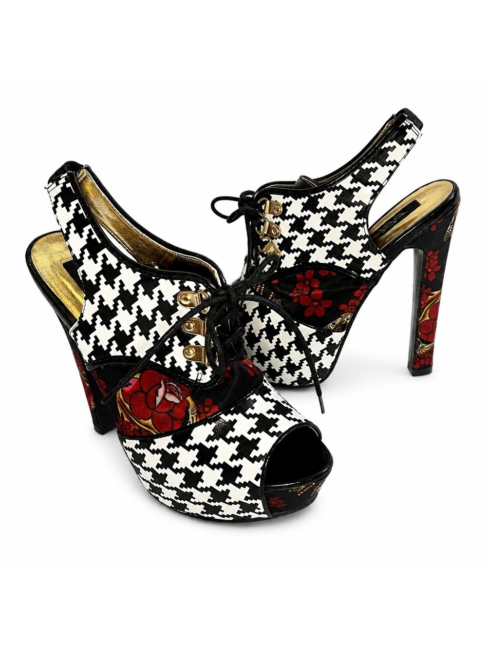 Iron Fist Circa 2012 Fox Trot Houndstooth Floral Platform Heels Peep Toe 8
